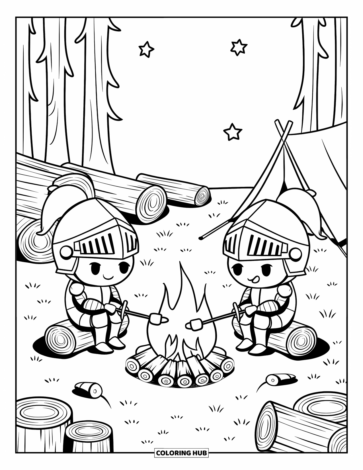 Knight Coloring Page for Adults: Two chibi knights roast marshmallows by a campfire with stars, logs, and a cozy tent