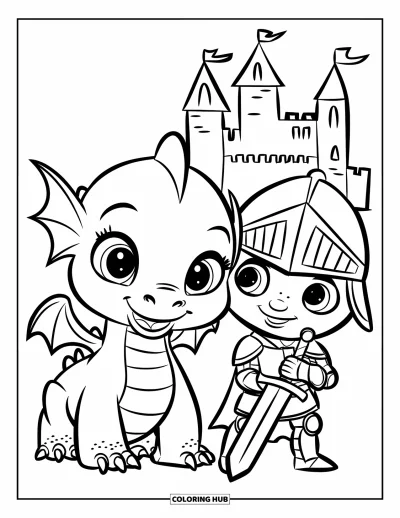 Coloriage de chevalier pour enfants : Un bébé dragon souriant se tient à côté d'un petit chevalier avec une épée jouet près d'un château