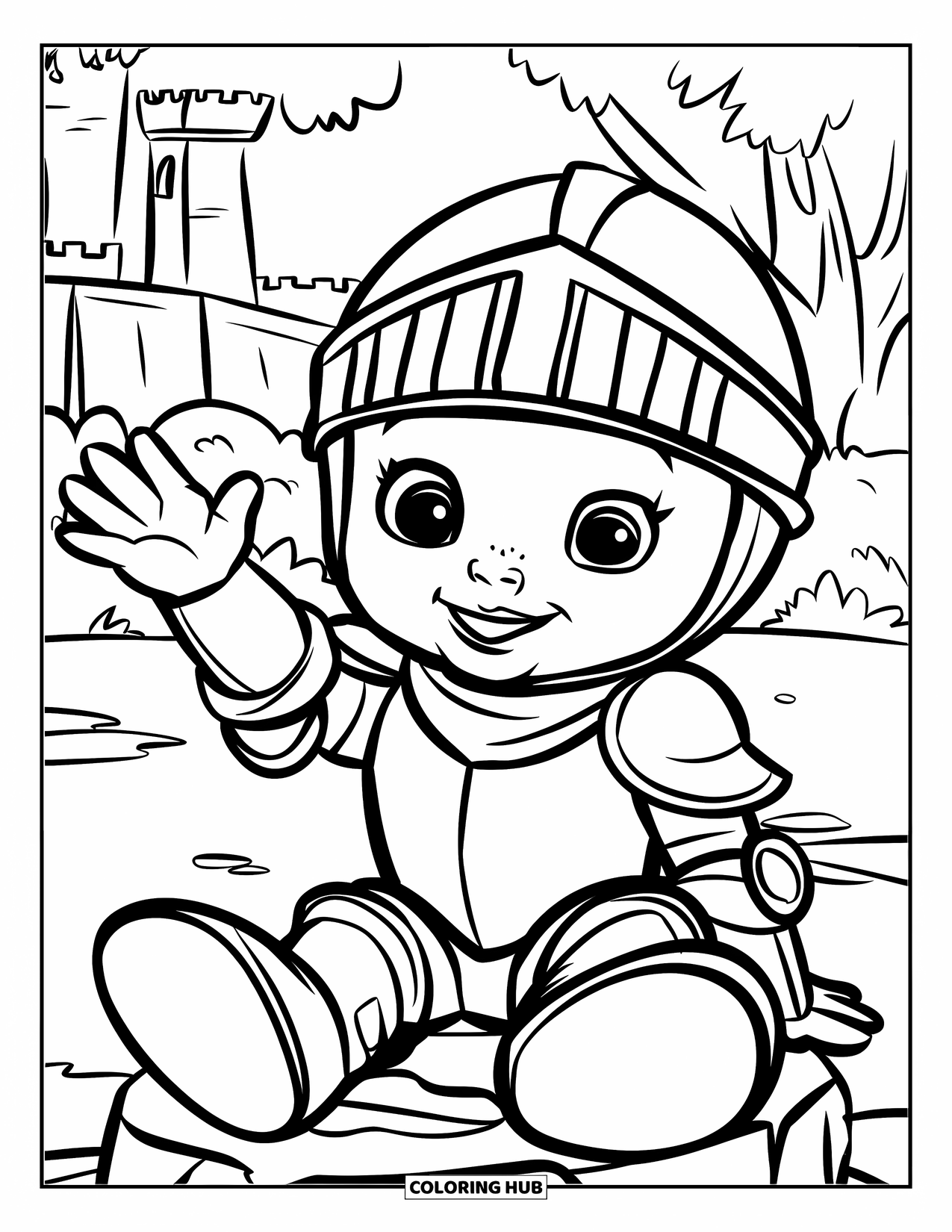 Knight Coloring Page for Kids: A baby knight waves while sitting on a stone near a castle and trees
