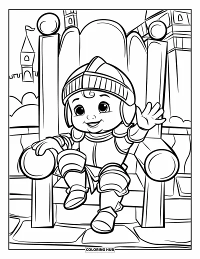 Coloriage de chevalier pour enfants : Un bébé chevalier fait signe assis sur un trône en pierre près d'un château avec des tours