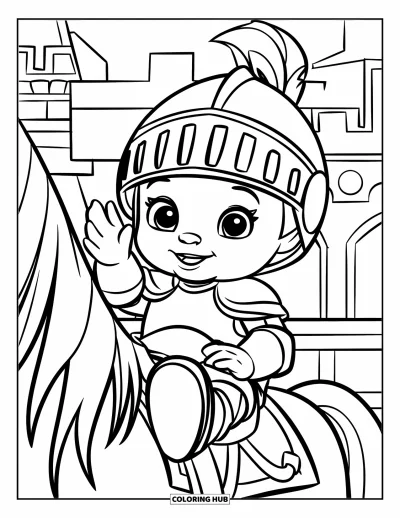 Coloriage de chevalier pour enfants : Un bébé chevalier en grandes bottes fait signe depuis son cheval près d'un château