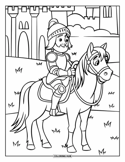 Coloriage de chevalier pour enfants : Un chevalier barbu assis sur un petit cheval dans un champ avec un château derrière lui