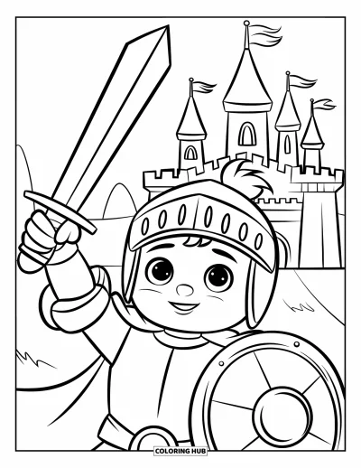 Coloriage de chevalier pour enfants : Un chevalier joyeux brandit une épée jouet près d'un château avec des tours et des drapeaux