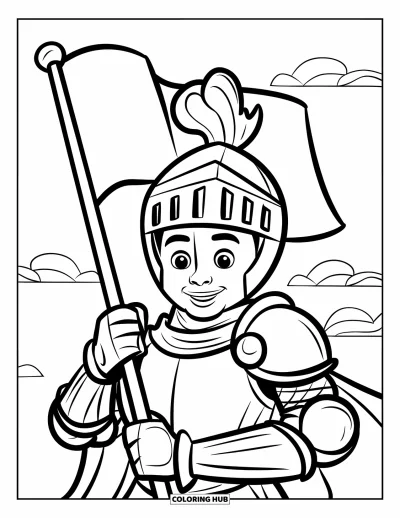Coloriage de chevalier pour enfants : Un chevalier souriant avec un drapeau se tient fièrement sous un ciel aux nuages légers