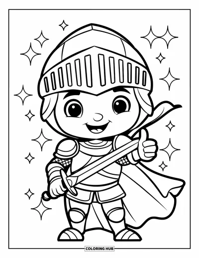 Coloriage de chevalier pour enfants : Un adorable chevalier fait un pouce levé avec des étincelles tout autour