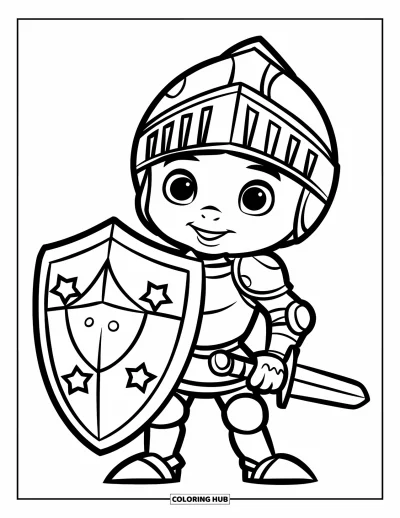 Coloriage de chevalier pour enfants : Un adorable chevalier tient un bouclier étoilé et une petite épée, prêt à défendre