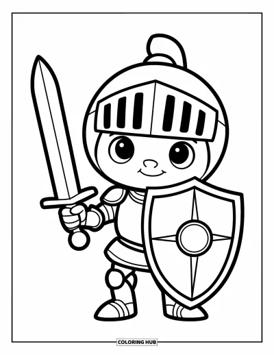 Coloriage de chevalier pour enfants : Un adorable chevalier se tient bien droit avec un grand bouclier et une petite épée