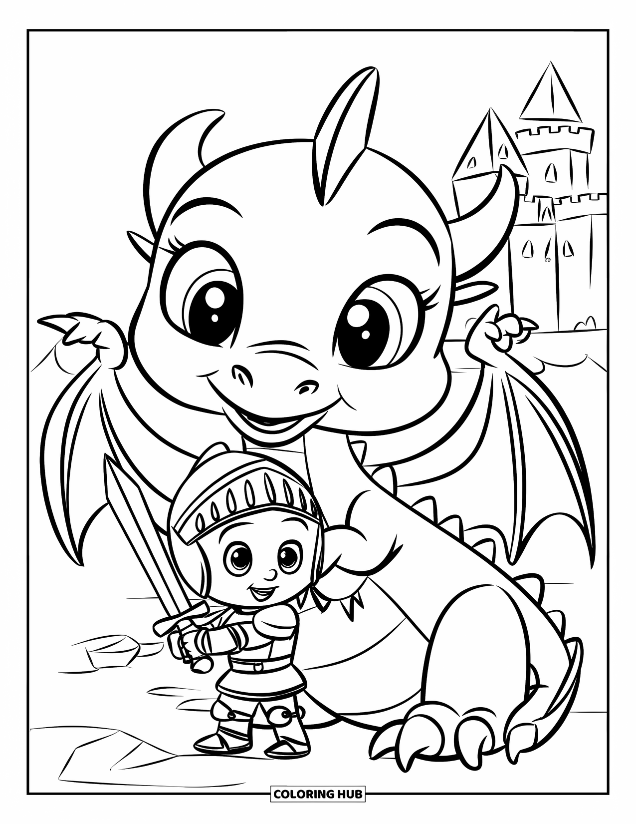 Knight Coloring Page for Kids: A dragon holds a tiny knight with a toy sword near a background castle