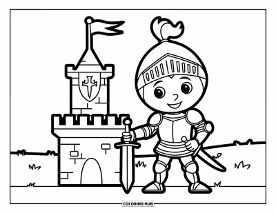 Coloriage de chevalier pour enfants : Un chevalier bienveillant se tient près d'une petite tour avec un drapeau dans un champ herbeux