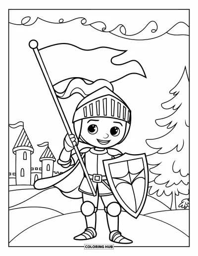 Coloriage de chevalier pour enfants : Un chevalier sympathique se tient sur une colline avec un drapeau près d'une forêt et d'un château