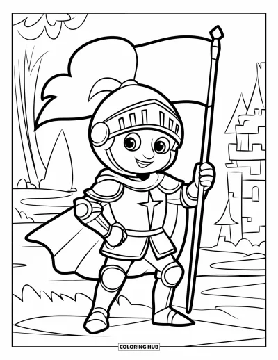 Coloriage de chevalier pour enfants : Un chevalier bienveillant au casque couronné tient un drapeau sur un terrain rocheux près d'un château