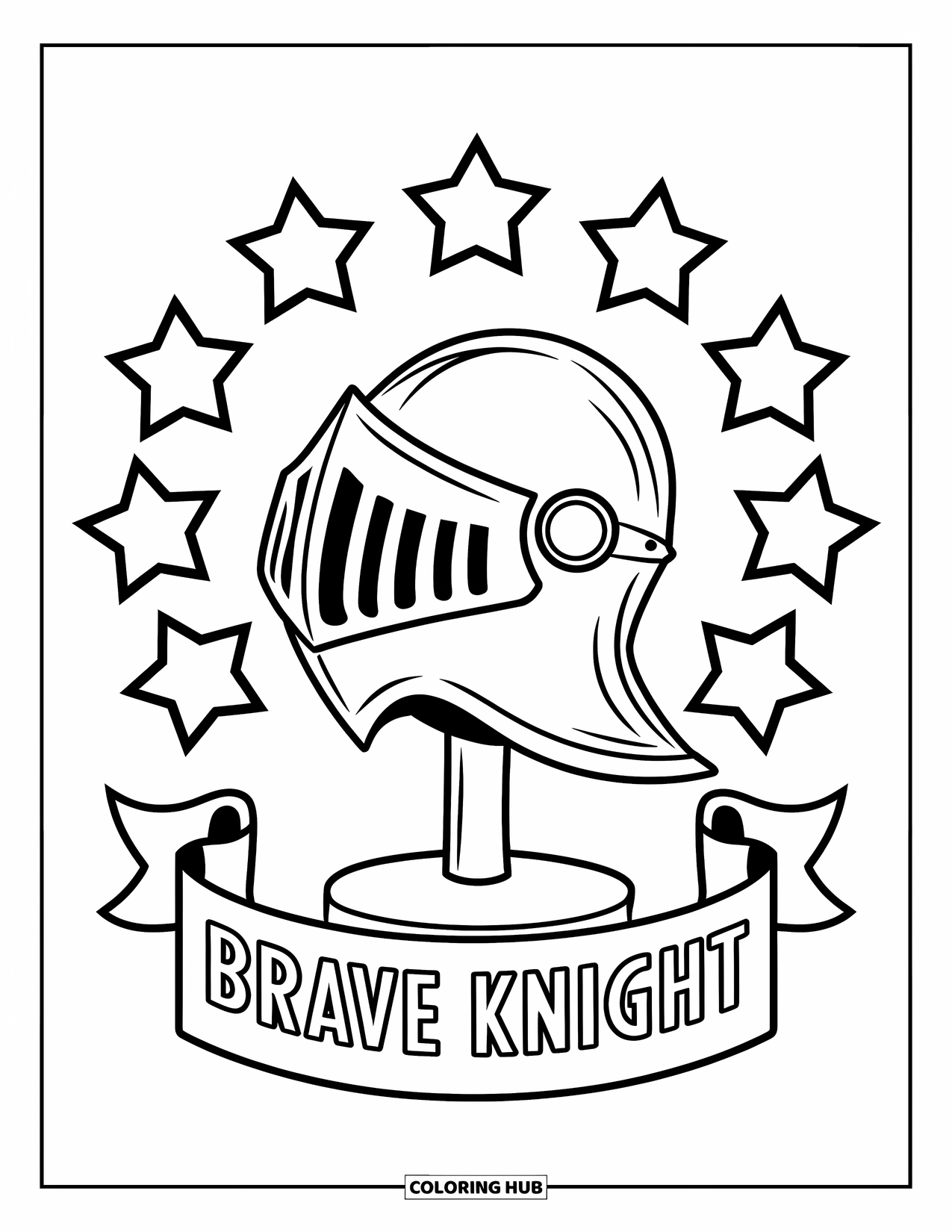 Knight Coloring Page for Kids: A helmet labeled "Brave Knight" stands with stars in a circle around it