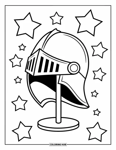 Coloriage de chevalier pour enfants : Un casque sur un support est entouré d'étoiles dans un design amusant et fantaisiste