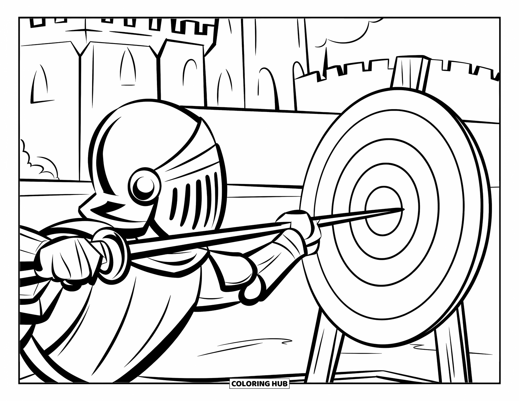 Knight Coloring Page for Kids: A knight aims a lance at a target near a castle with tall towers