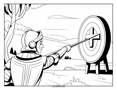 Coloriage de chevalier pour enfants : Un chevalier vise une cible marquée d'une croix avec des arbres et des collines en arrière-plan