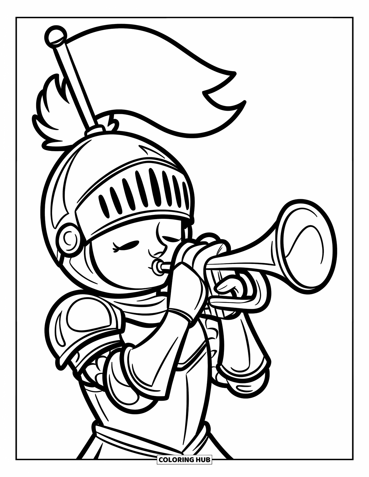 Knight Coloring Page for Kids: A knight blows a trumpet with a flag, wearing a shiny helmet and armor