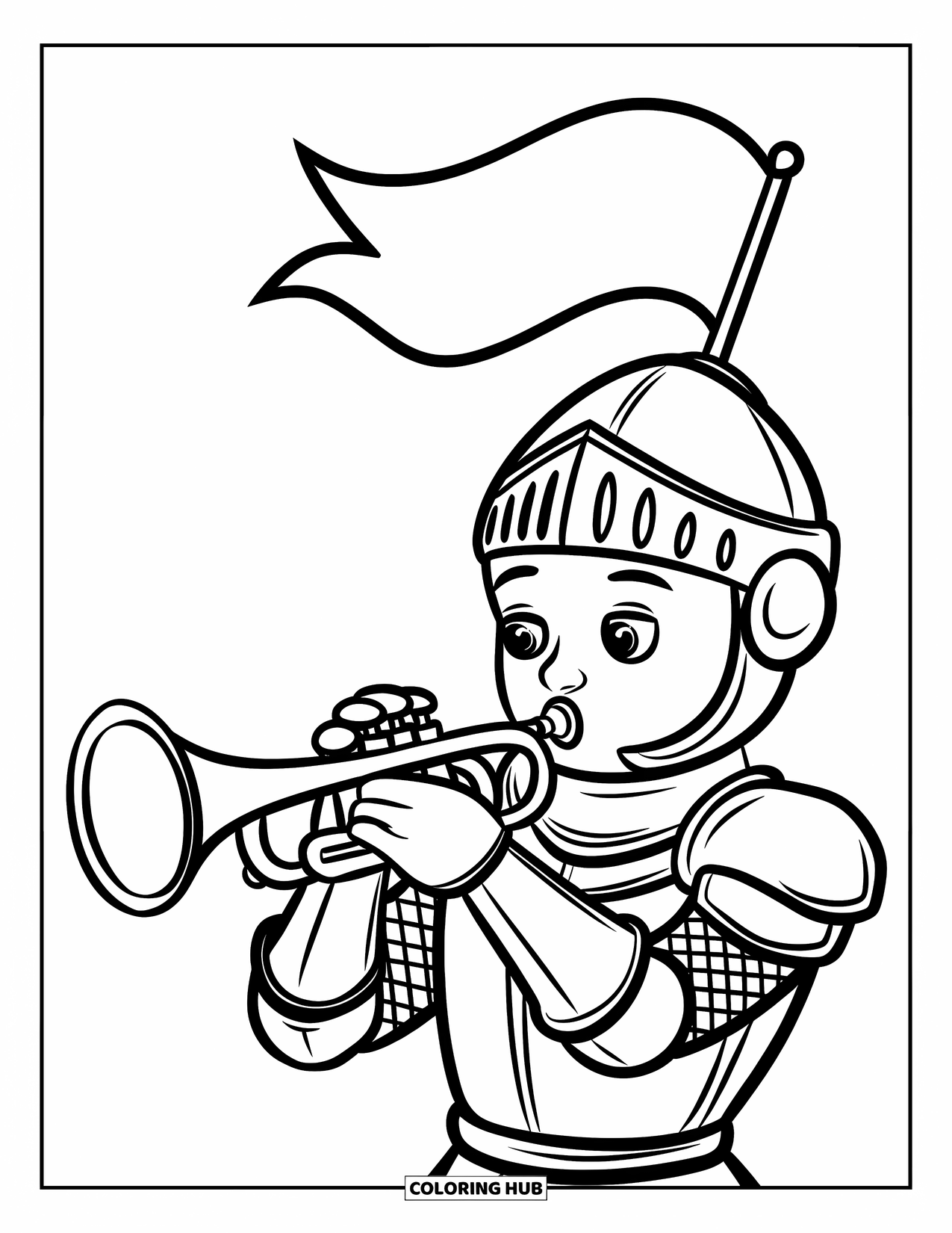 Knight Coloring Page for Kids: A knight blows a trumpet with a flag, with a small flag on his helmet