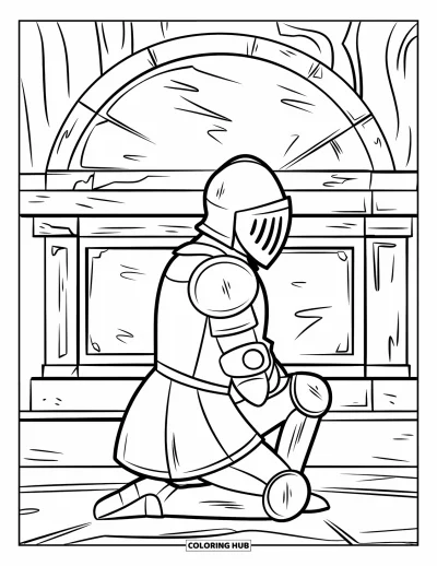Coloriage de chevalier pour enfants : Un chevalier s'incline devant un autel ancien dans un cadre sombre et mystérieux