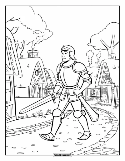 Coloriage de chevalier pour enfants : Un chevalier portant une épée traverse un village avec des arbres sinueux et des cheminées fumantes
