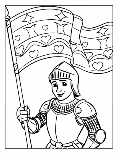 Coloriage de chevalier pour enfants : Un chevalier tient une bannière ornée d'étoiles, de vagues et de cœurs dans un décor lumineux