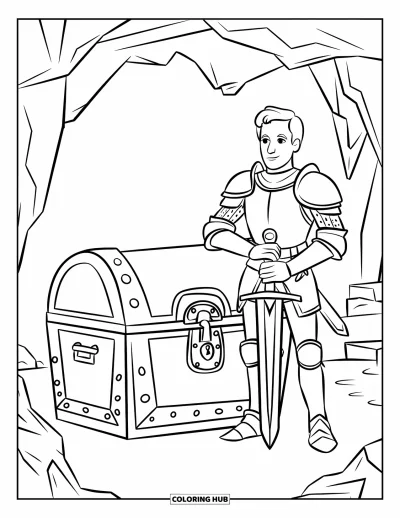 Coloriage de chevalier pour enfants : Un chevalier tient une épée près d'un coffre marqué d'une tête de mort à l'entrée d'une grotte