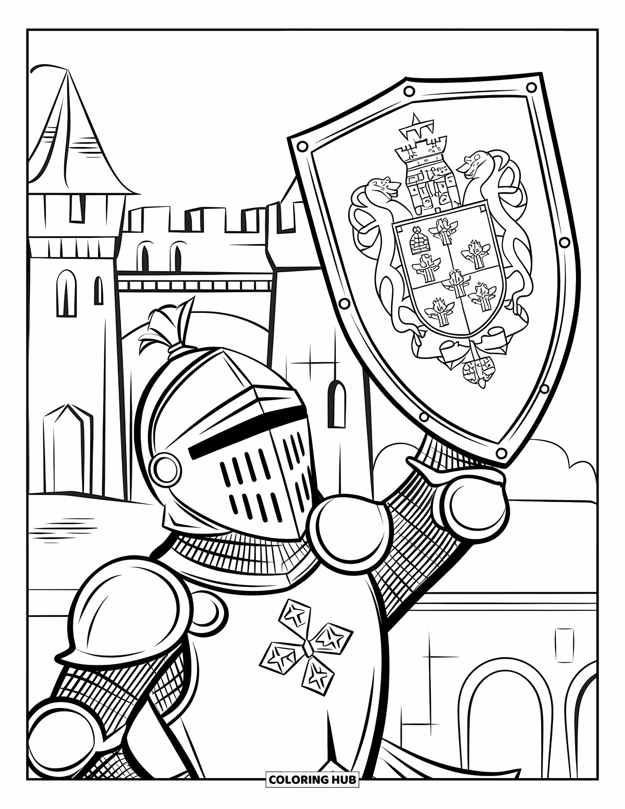 Knight Coloring Page for Kids: A knight in armor holds a crest-decorated shield near a castle with a drawbridge