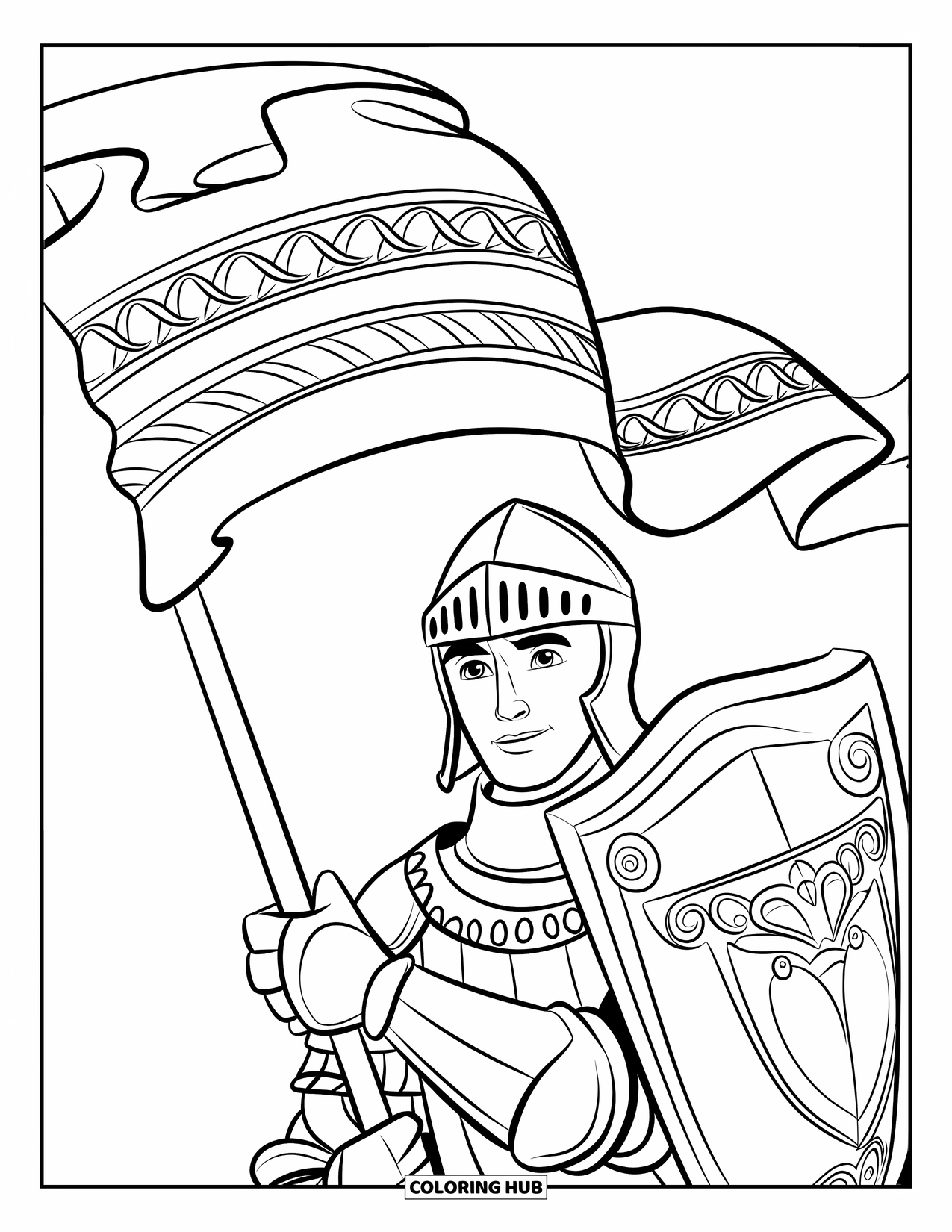 Knight Coloring Page for Kids: A knight in armor holds a decorated banner with no background elements