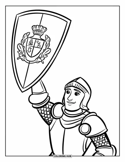 Coloriage de chevalier pour enfants : Un chevalier en armure brandit un bouclier aux armoiries dans une pose héroïque et déterminée