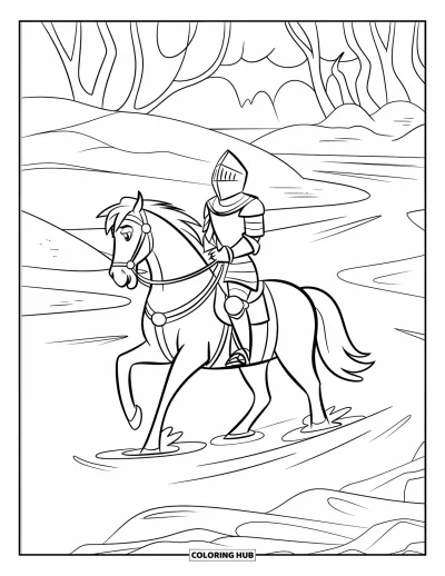 Coloriage de chevalier pour enfants : Un chevalier en armure traverse une rivière entourée d'arbres et de rochers