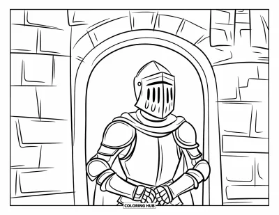Coloriage de chevalier pour enfants : Un chevalier en armure monte la garde sous une arche en pierre sculptée et des tours de château