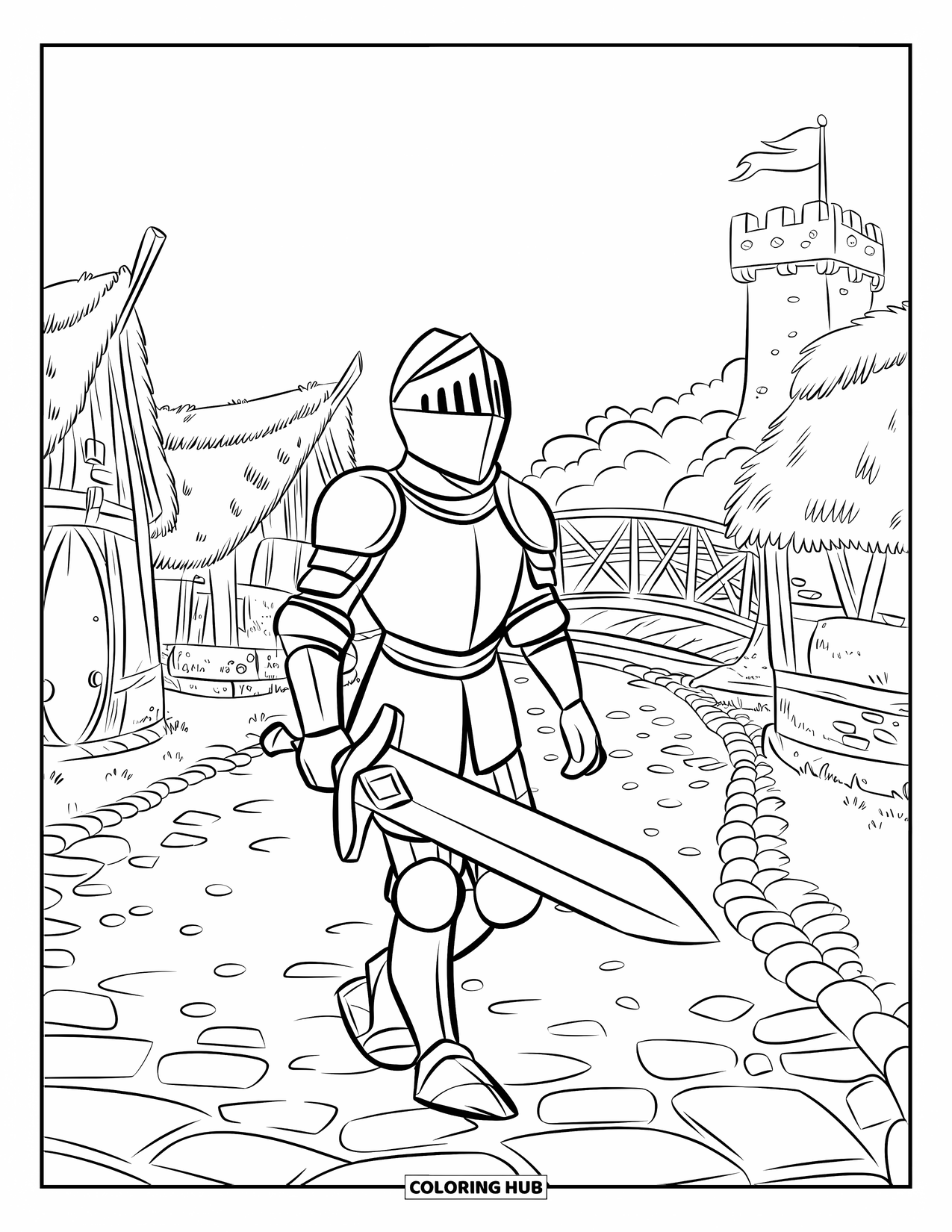 Knight Coloring Page for Kids: A knight in shining armor walks past cottages and a bridge beneath a flag-topped tower
