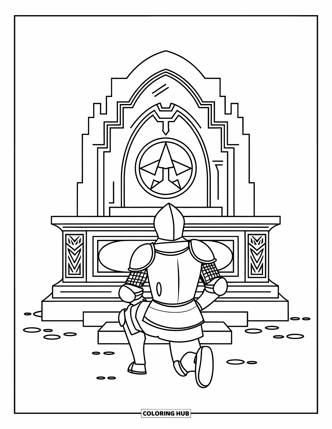 Knight Coloring Page for Kids: A knight kneels before a carved altar marked with a symbol in a shadowy space