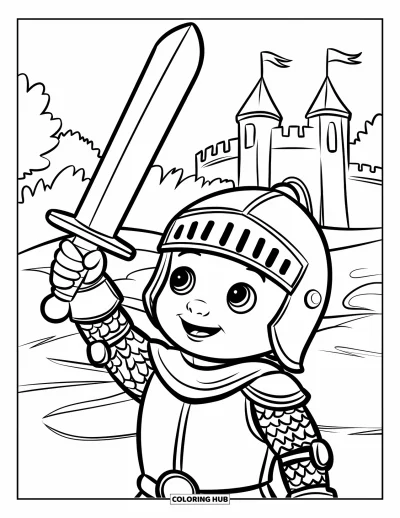 Coloriage de chevalier pour enfants : Un chevalier lève une épée jouet sous des arbres avec un château tout proche