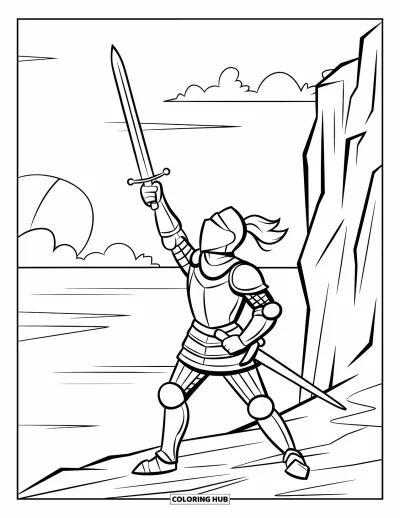 Coloriage de chevalier pour enfants : Un chevalier lève son épée à l'aube près d'une falaise avec un château au loin