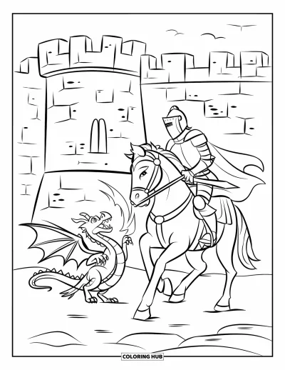 Coloriage de chevalier pour enfants : Un chevalier à cheval affronte un dragon crachant du feu devant les murs en pierre d'un château