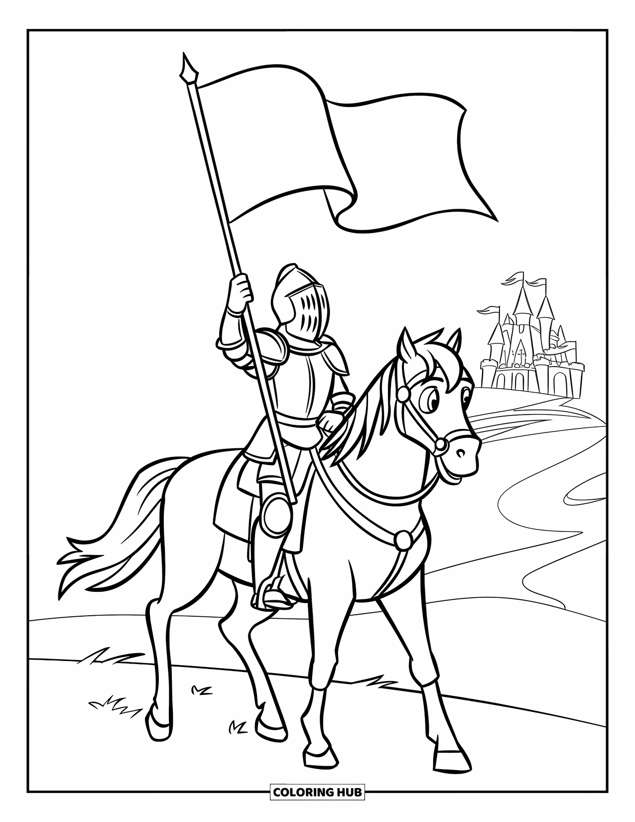 Knight Coloring Page for Kids: A knight on horseback holds a flag as the wind blows near a castle hill