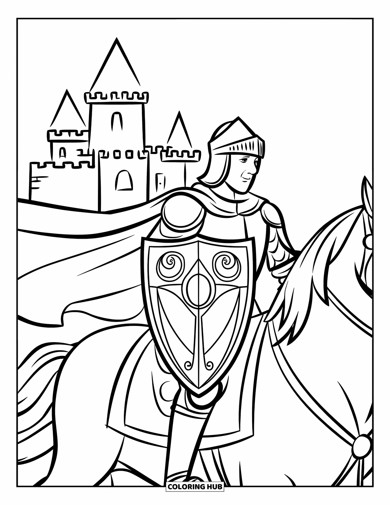 Knight Coloring Page for Kids: A knight on horseback wears a cape and shield, riding near a castle with tall towers