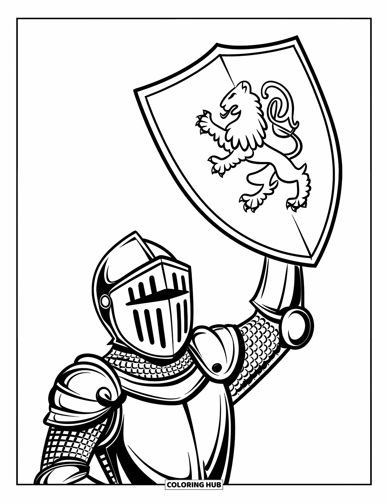 Knight Coloring Page for Kids: A knight raises a shield with a lion crest while wearing armor and a helmet