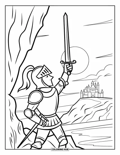 Coloriage de chevalier pour enfants : Un chevalier lève son épée près d'une falaise rocheuse alors que le soleil se lève derrière un château