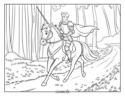 Coloriage de chevalier pour enfants : Un chevalier chevauche à travers un sentier forestier feuillu avec une lance