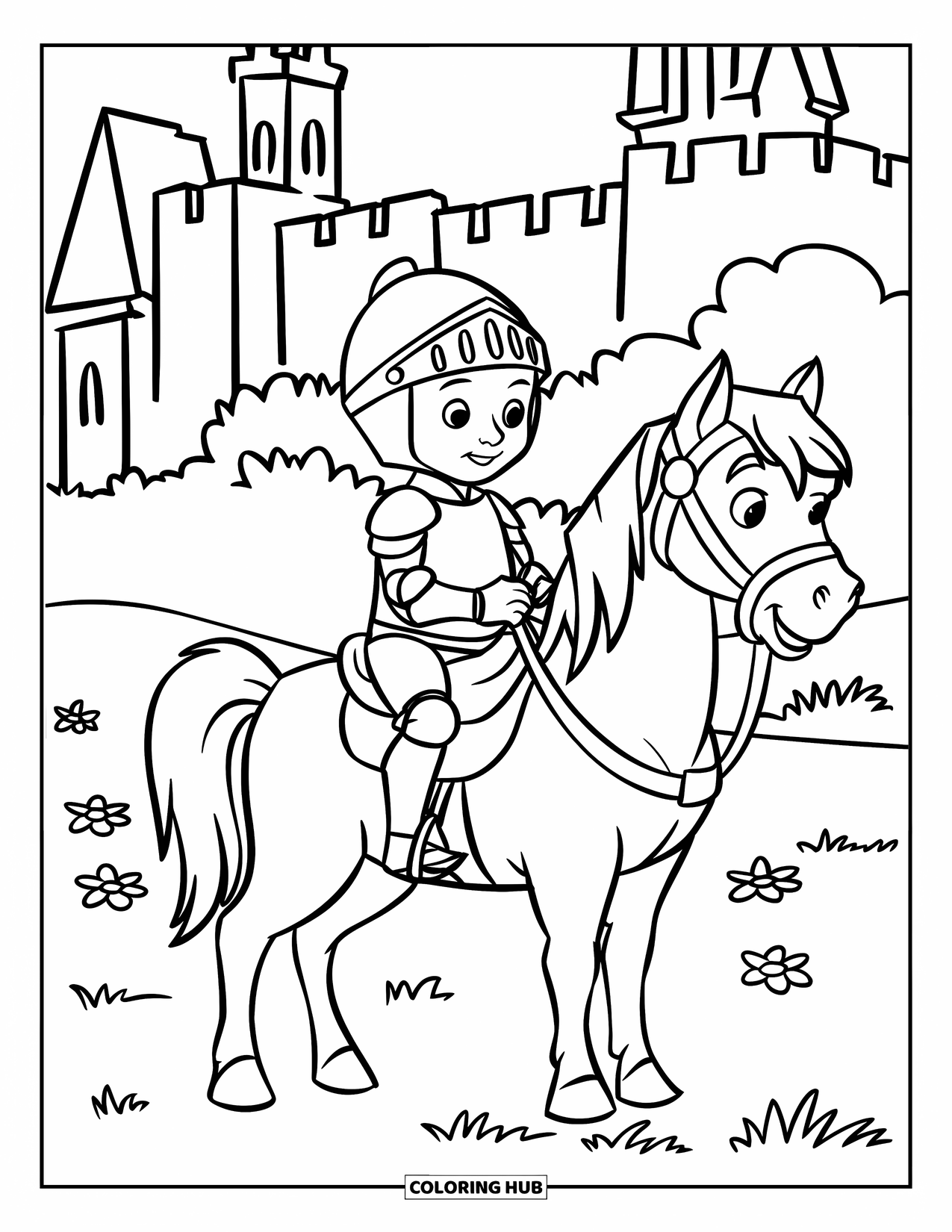 Knight Coloring Page for Kids: A knight sits on a tiny horse in a grassy field with flowers and a castle