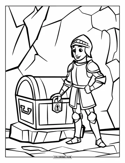 Coloriage de chevalier pour enfants : Un chevalier se tient près d'un coffre fermé à clé posé sur une pierre dans un terrain rocheux