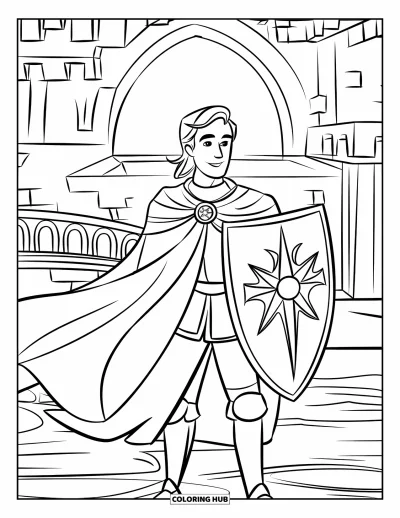 Coloriage de chevalier pour enfants : Un chevalier se tient dans un château près d'un pont sur des eaux calmes