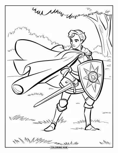 Coloriage de chevalier pour enfants : Un chevalier se tient dans un champ herbeux avec une épée, une cape et un bouclier, des arbres au loin