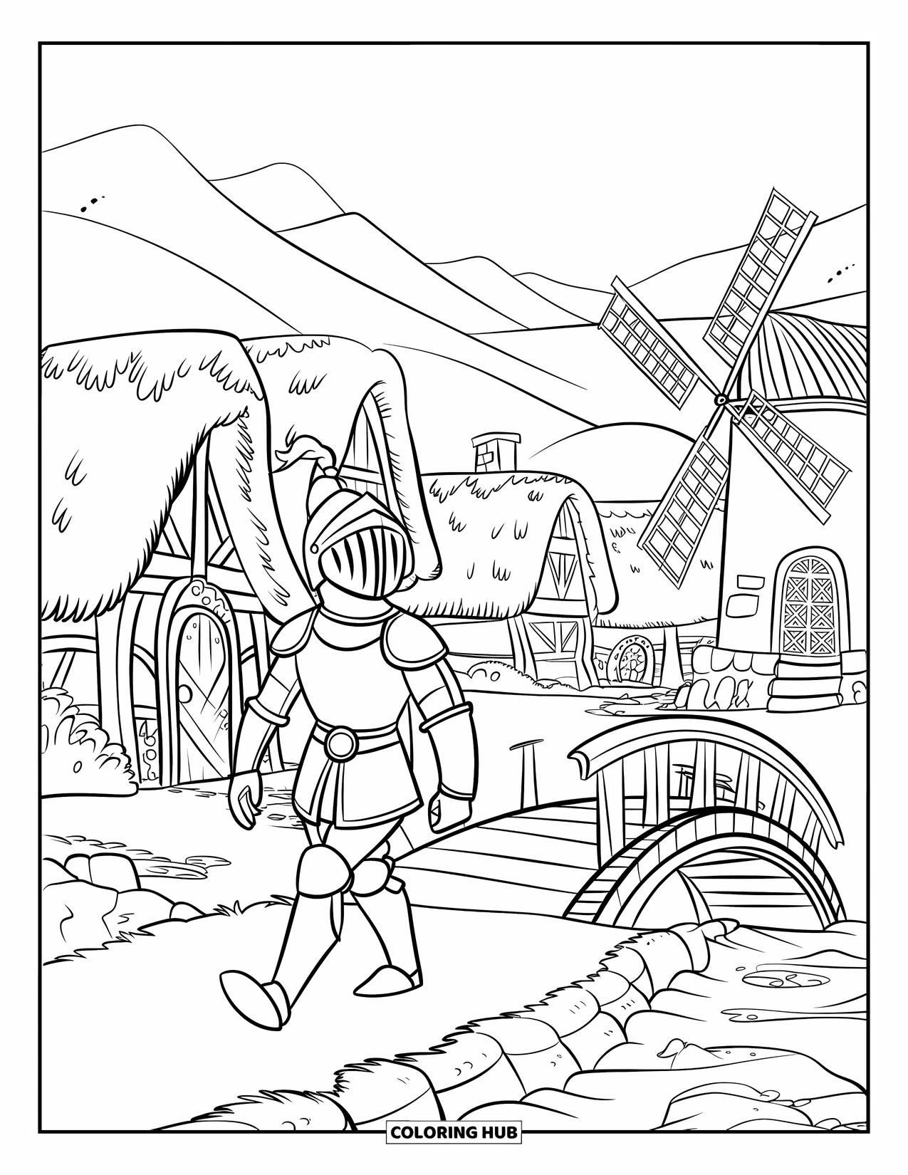 Knight Coloring Page for Kids: A knight walks through a village with cottages, a bridge, and a windmill in view