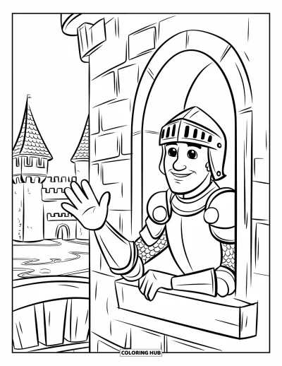 Coloriage de chevalier pour enfants : Un chevalier fait signe depuis une fenêtre de château au-dessus d'un fossé et d'un pont
