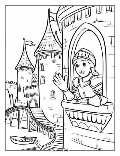 Coloriage de chevalier pour enfants : Un chevalier fait signe depuis une fenêtre de château au-dessus d'un fossé, avec des ponts et un bateau à proximité