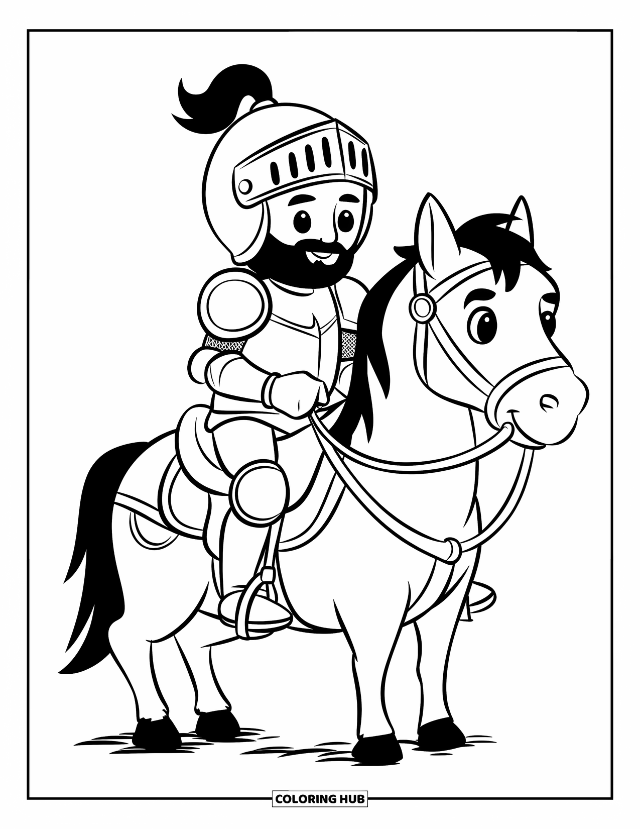 Knight Coloring Page for Kids: A knight with a beard sits on a small horse with a soft saddle