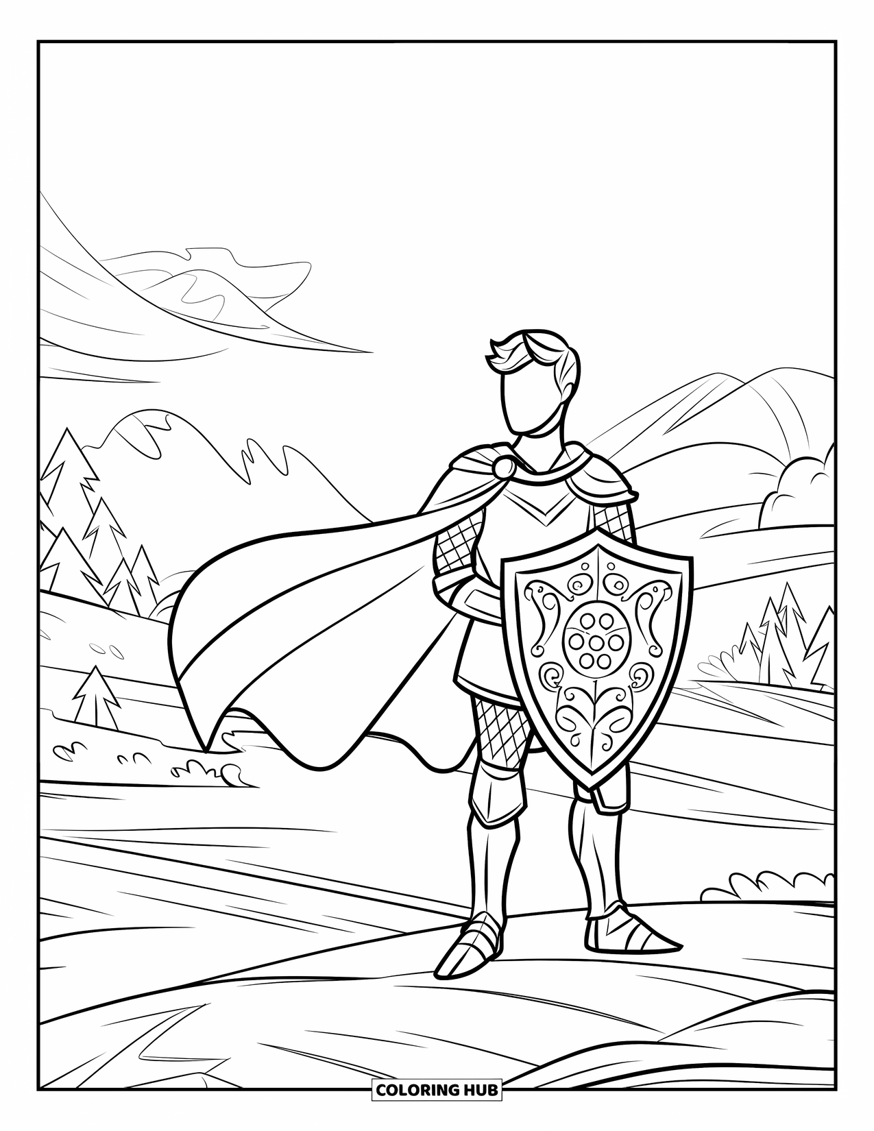 Knight Coloring Page for Kids: A knight with a cape and shield stands on rocky ground with mountains and trees behind