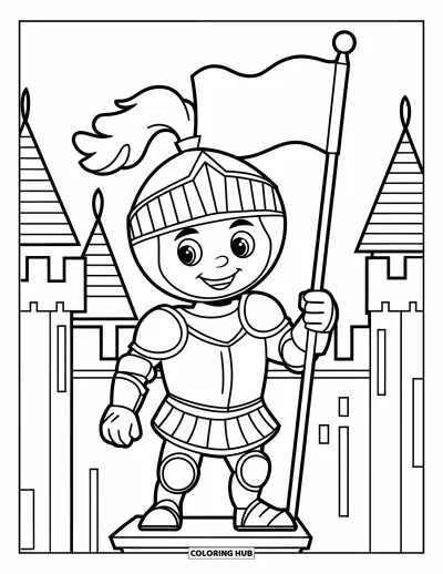 Coloriage de chevalier pour enfants : Un chevalier au casque couronné tient un drapeau debout sur un piédestal